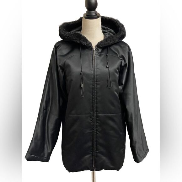 Jones New York Black Full Zip Winter Coat with Faux Fur Lined Hood (Small) - Picture 2 of 11